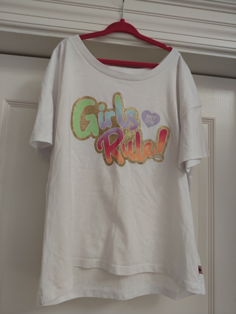 Juicy Couture White Tee with Rainbow Glitter 'Girls Rule' Graphic